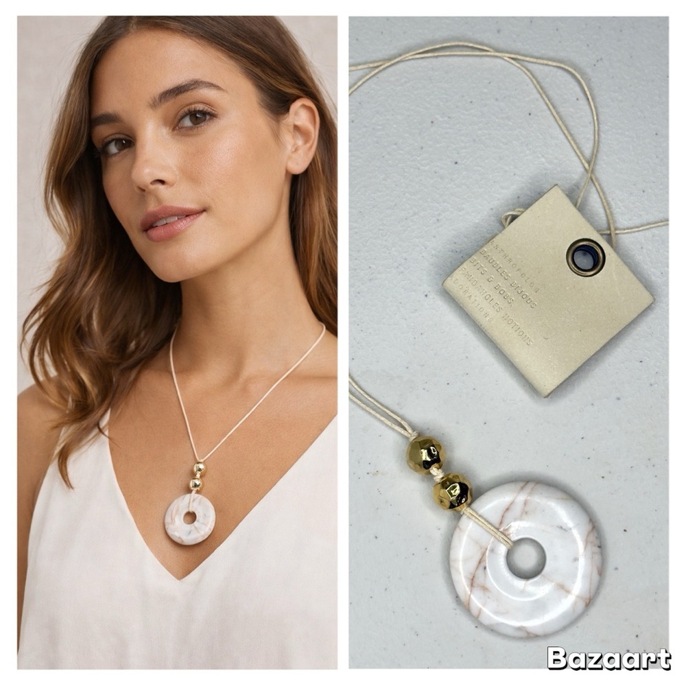 Anthropologie Marble Pendant Necklace Cream Gold NWT Boho Minimalist